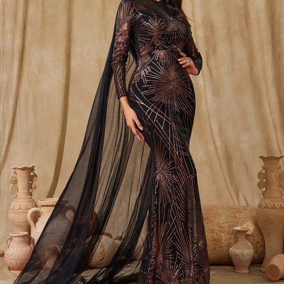 Black Sequin Embellished Gown with Bishop Sleeves - Picture 9 of 16